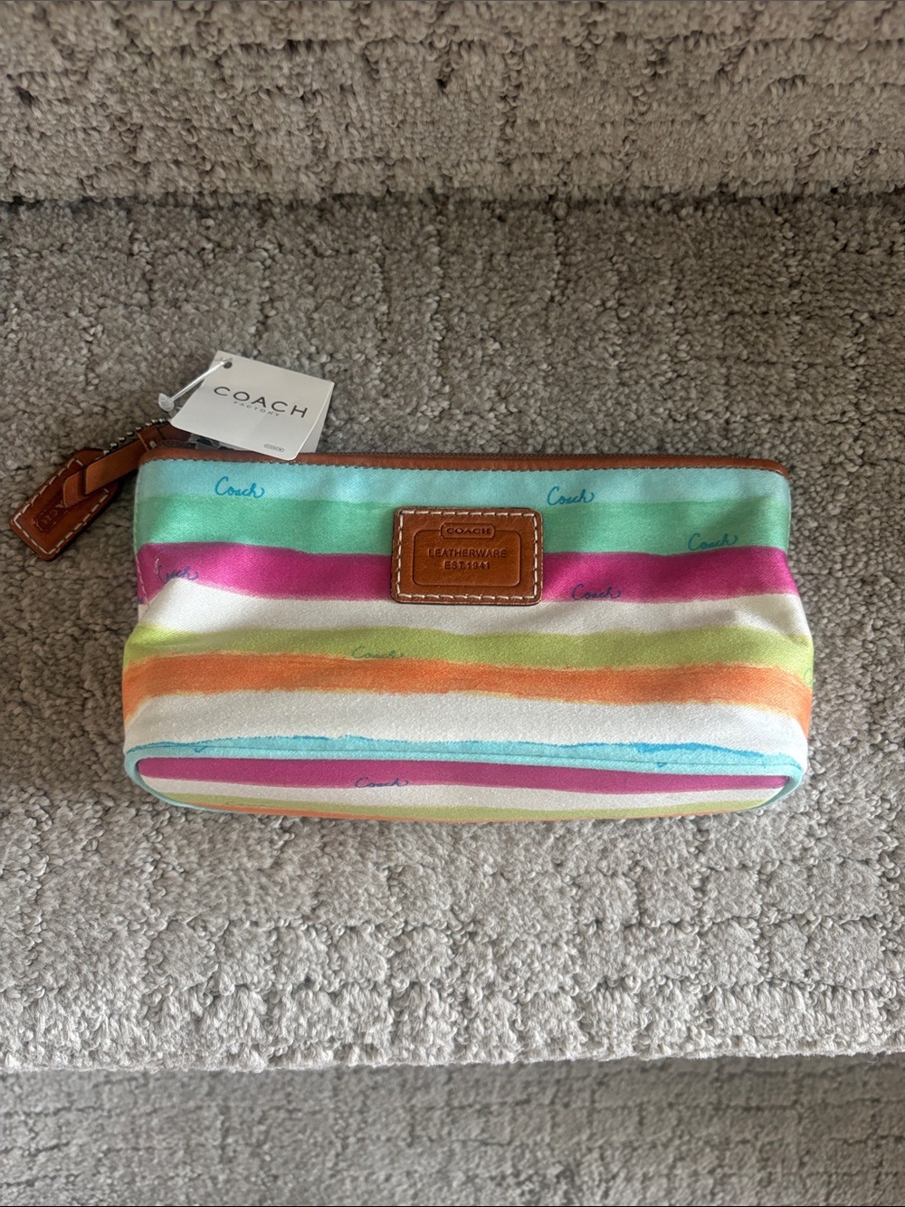 Coach Striped Multicolor Canvas Cosmetic Pouch - Pink, Green, Orange, Blue